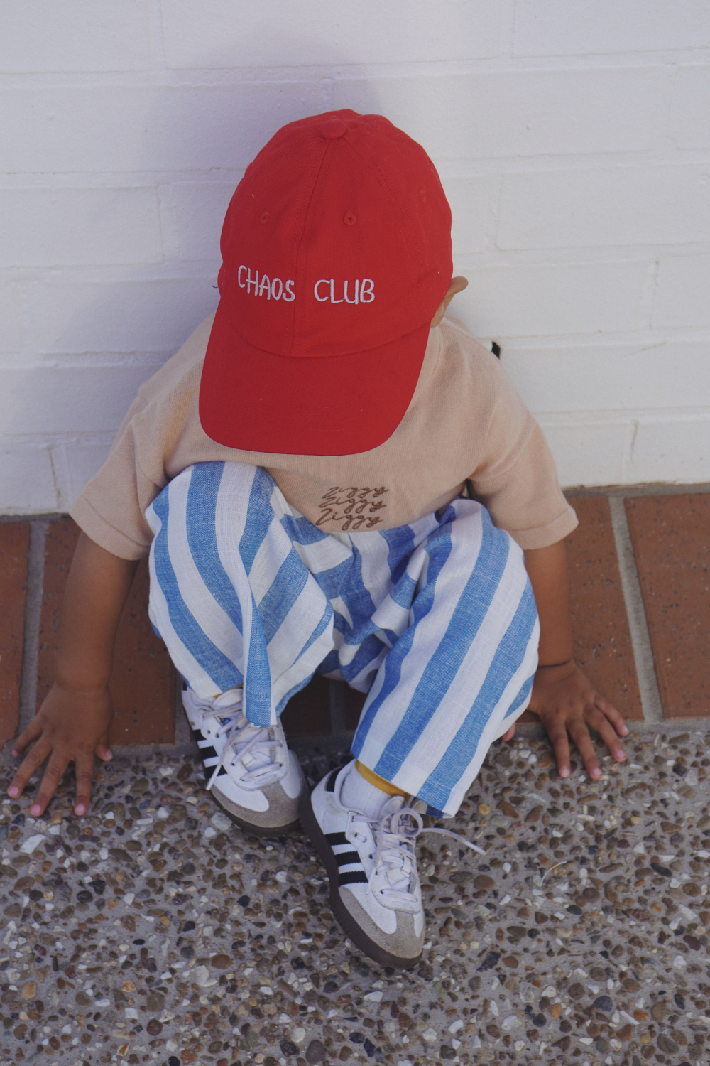 Child Wearing All Day Pant in Sea Blue – Unisex Cotton Linen Stripe Pants for Everyday Comfort