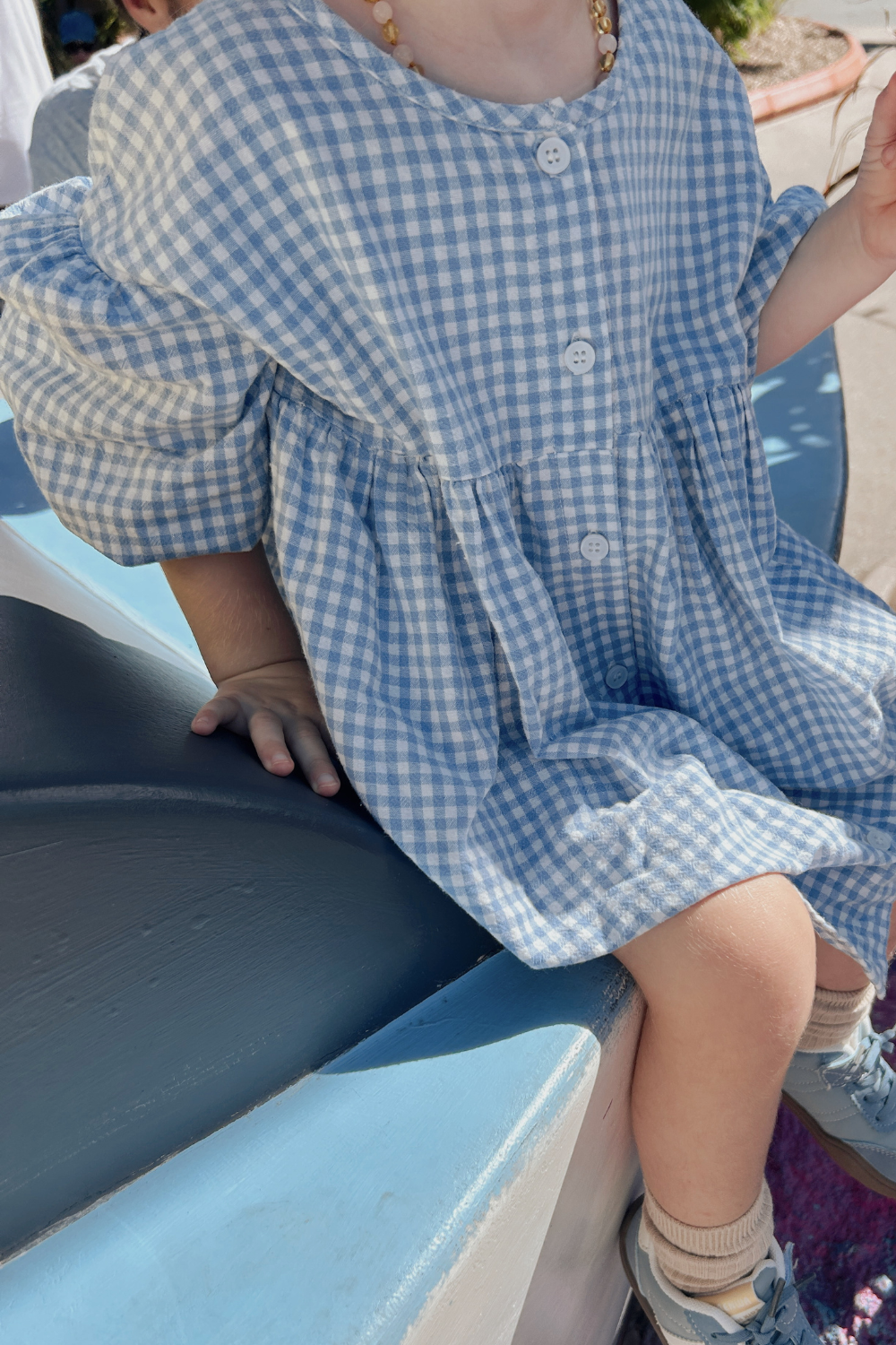 Girls Wearing Sunday Smock Dress in Cornflower Blue Gingham – Everyday Cotton Dress for Toddlers