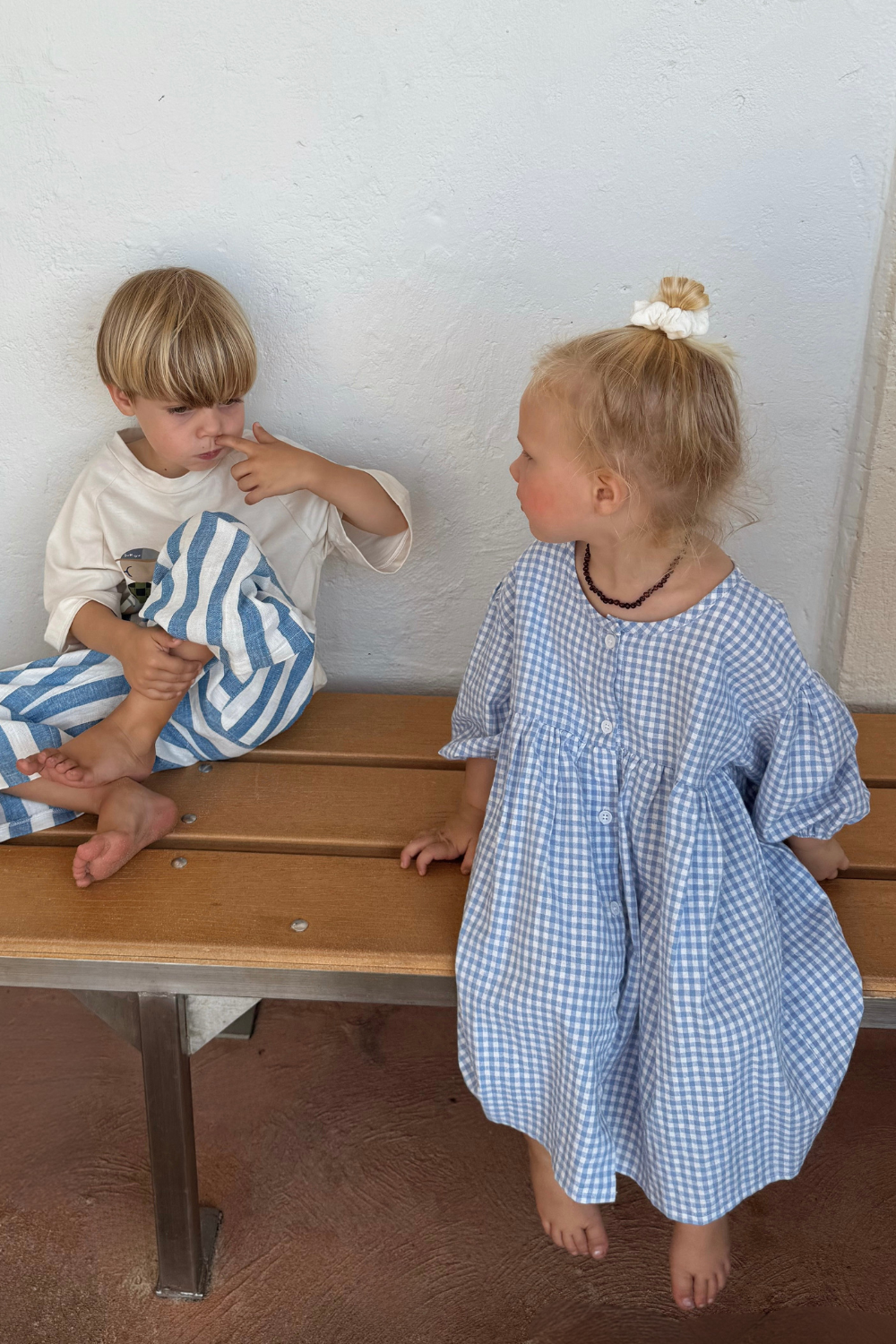 Girls Wearing Sunday Smock Dress in Cornflower Blue Gingham – Everyday Cotton Dress for Toddlers