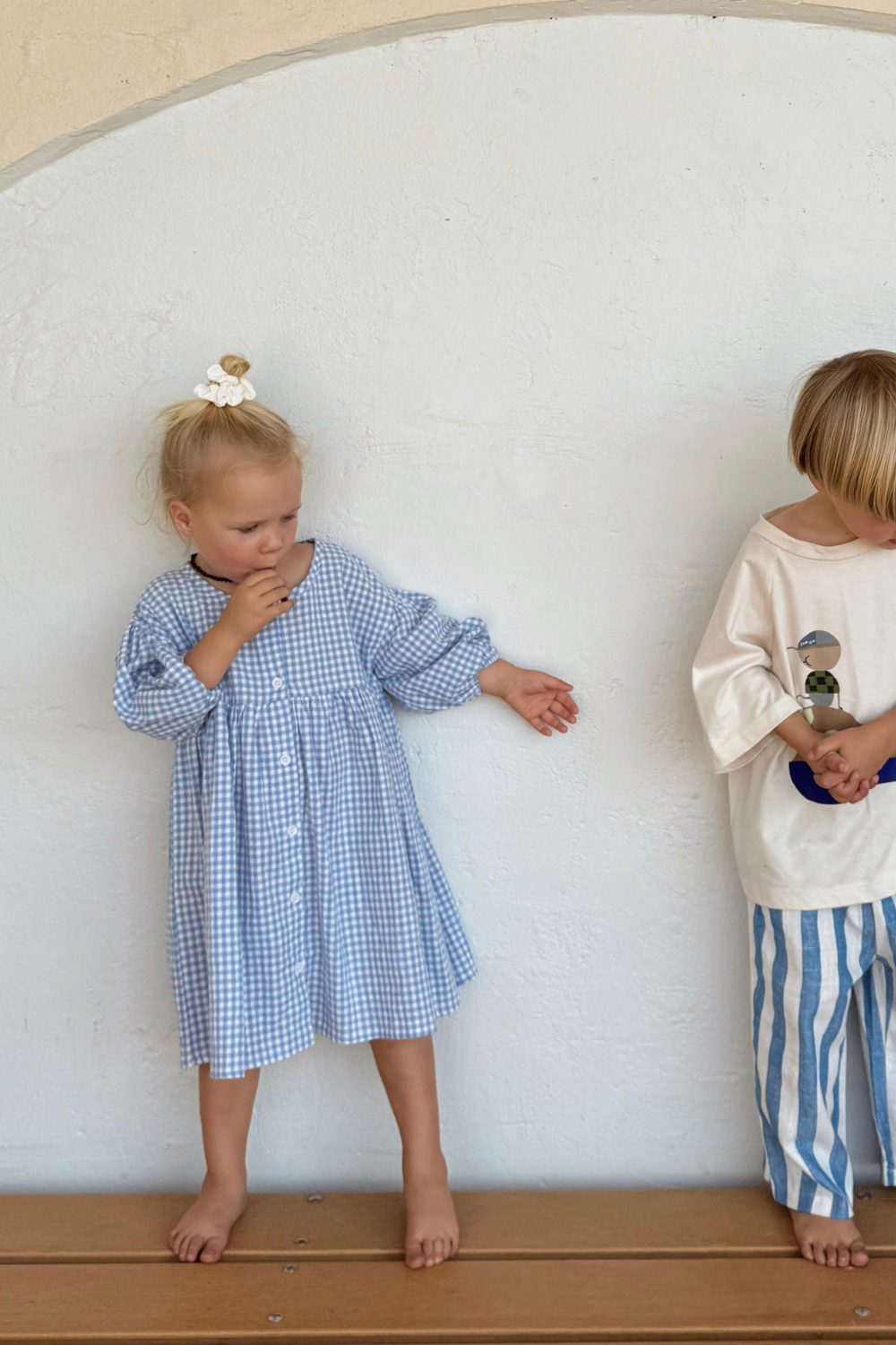 Girls Wearing Sunday Smock Dress in Cornflower Blue Gingham – Everyday Cotton Dress for Toddlers