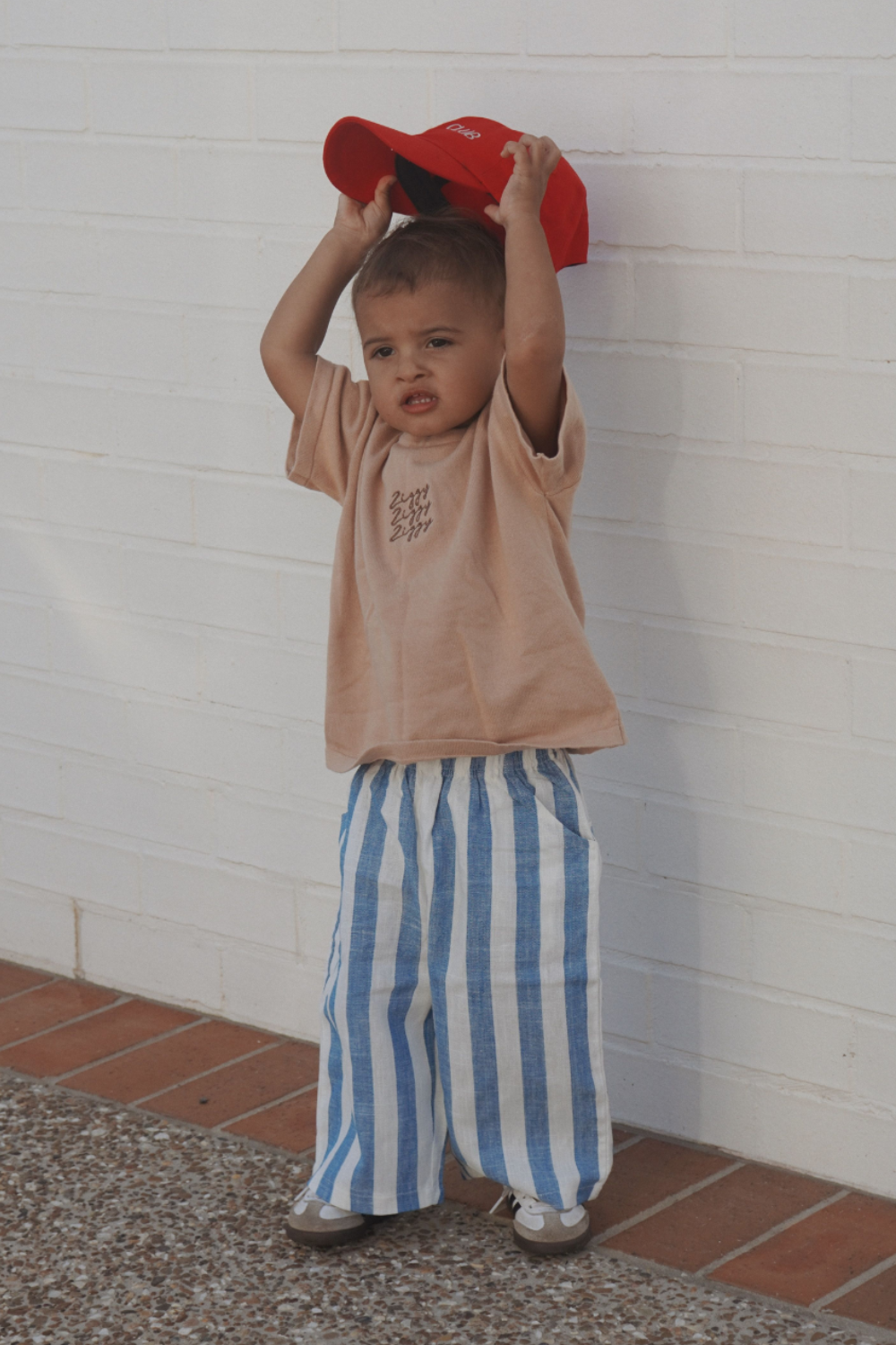 Front view of Unisex Kids All Day Pants in Sea Blue Stripe – Cotton Linen Blend