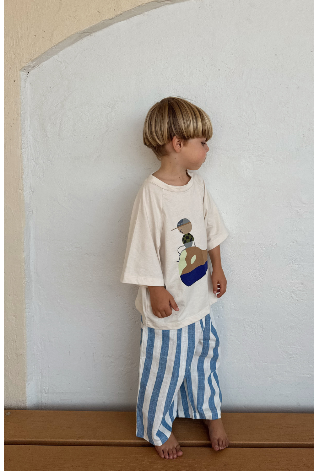 Front view of Unisex Kids All Day Pants in Sea Blue Stripe – Cotton Linen Blend