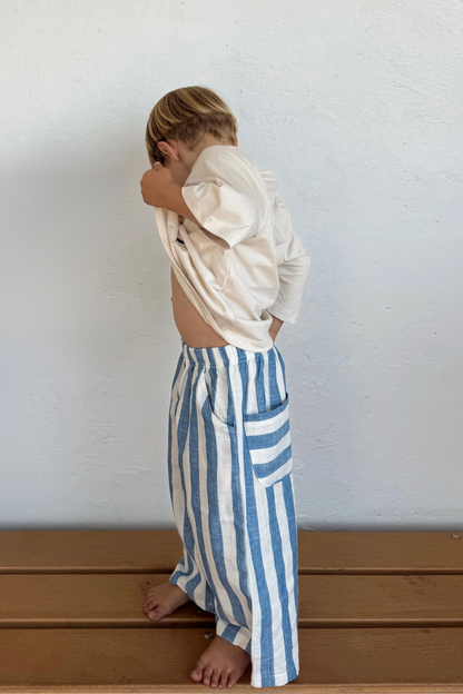 Front view of Unisex Kids All Day Pants in Sea Blue Stripe – Cotton Linen Blend