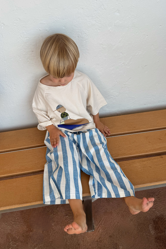 Front view of Unisex Kids All Day Pants in Sea Blue Stripe – Cotton Linen Blend