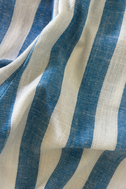 Close-up of Cotton Linen Stripe Fabric – Sea Blue Unisex Kids Pants with Elastic Waist and Pockets