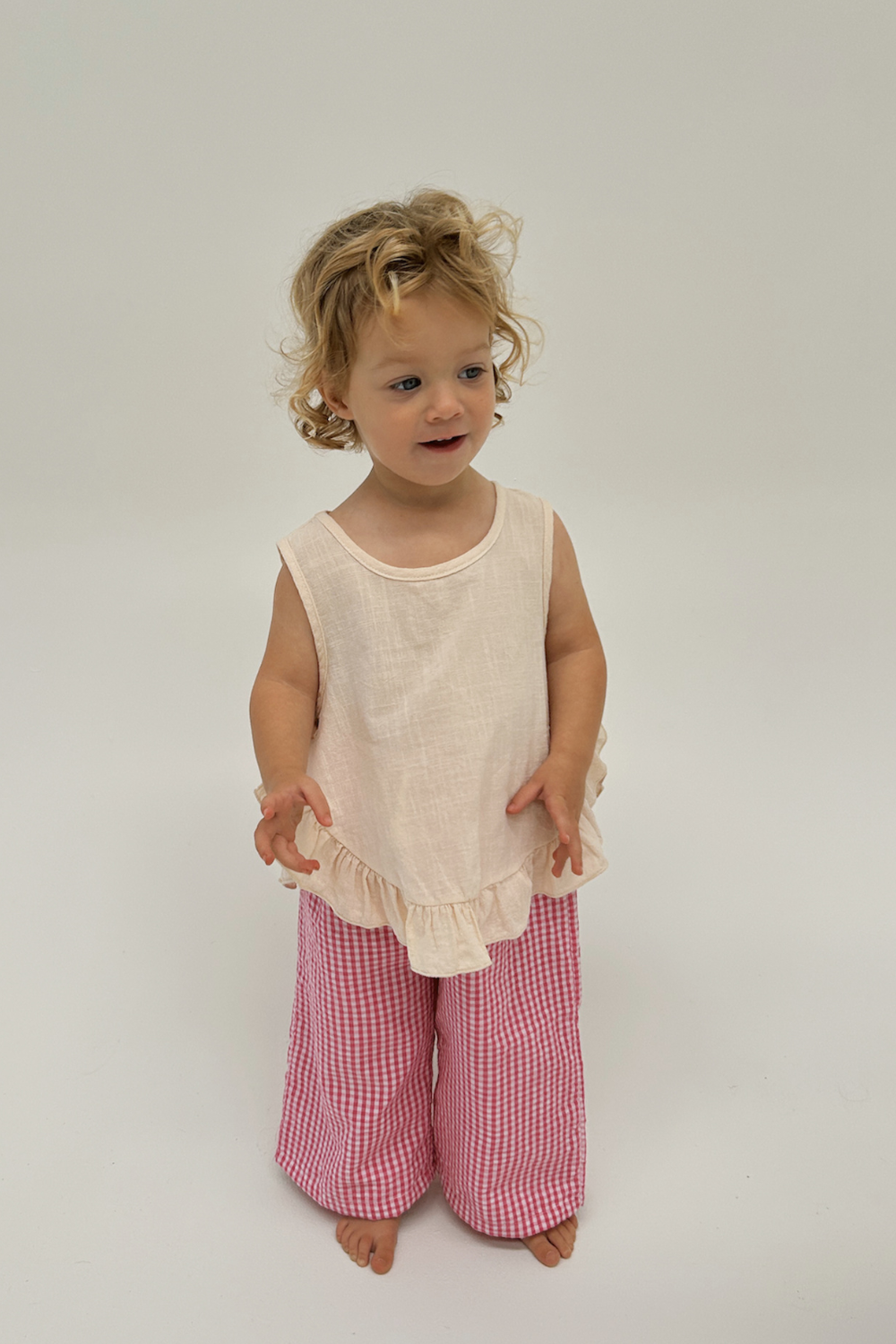 Kids Cotton Seersucker All Day Pants - Raspberry Pink Gingham