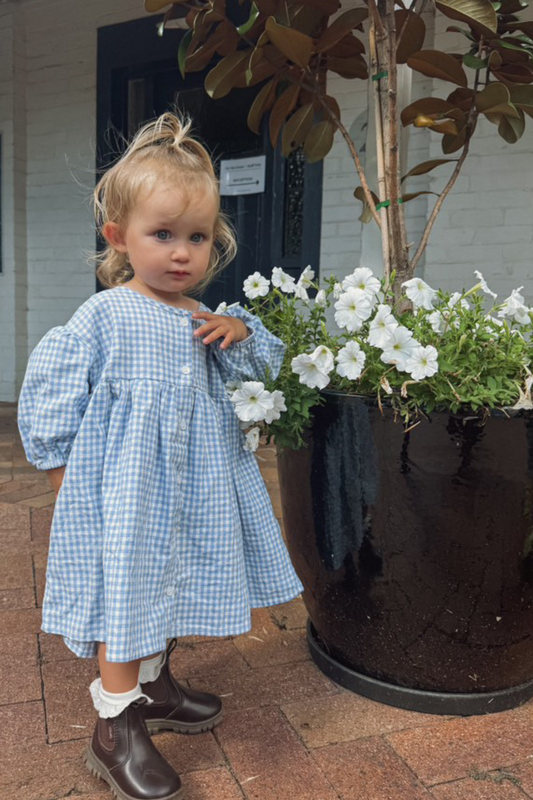 Girls Wearing Sunday Smock Dress in Cornflower Blue Gingham – Everyday Cotton Dress for Toddlers