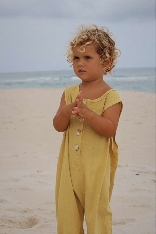 Kids Textured Cotton Jumpsuit- Citrus yellow