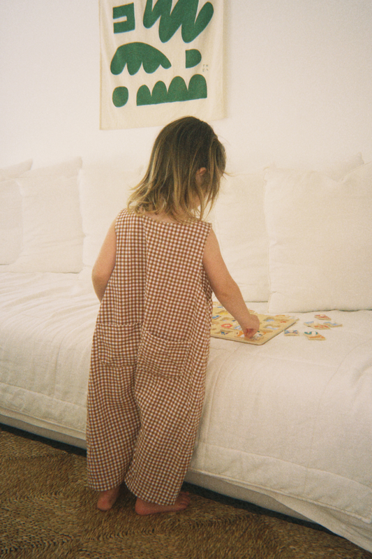 Kids chocolate brown gingham jumpsuit